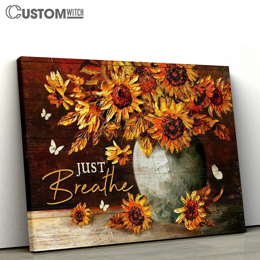 Just Breathe Sunflower White Butterfly Canvas Art - Christian Wall Art Decor - Bible Verse Canvas