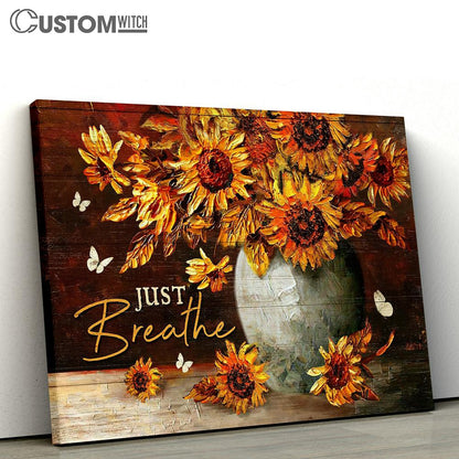 Just Breathe Sunflower White Butterfly Canvas Art - Christian Wall Art Decor - Bible Verse Canvas