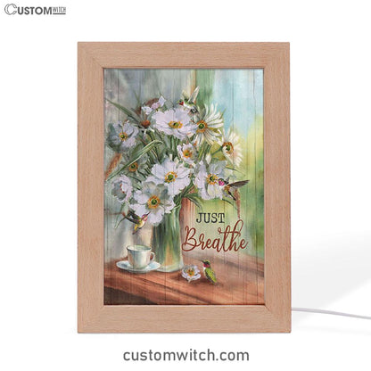Just Breathe White Flower Hummingbird Art Frame Lamp - Bible Verse Wooden Lamp - Christian Art Home Decor