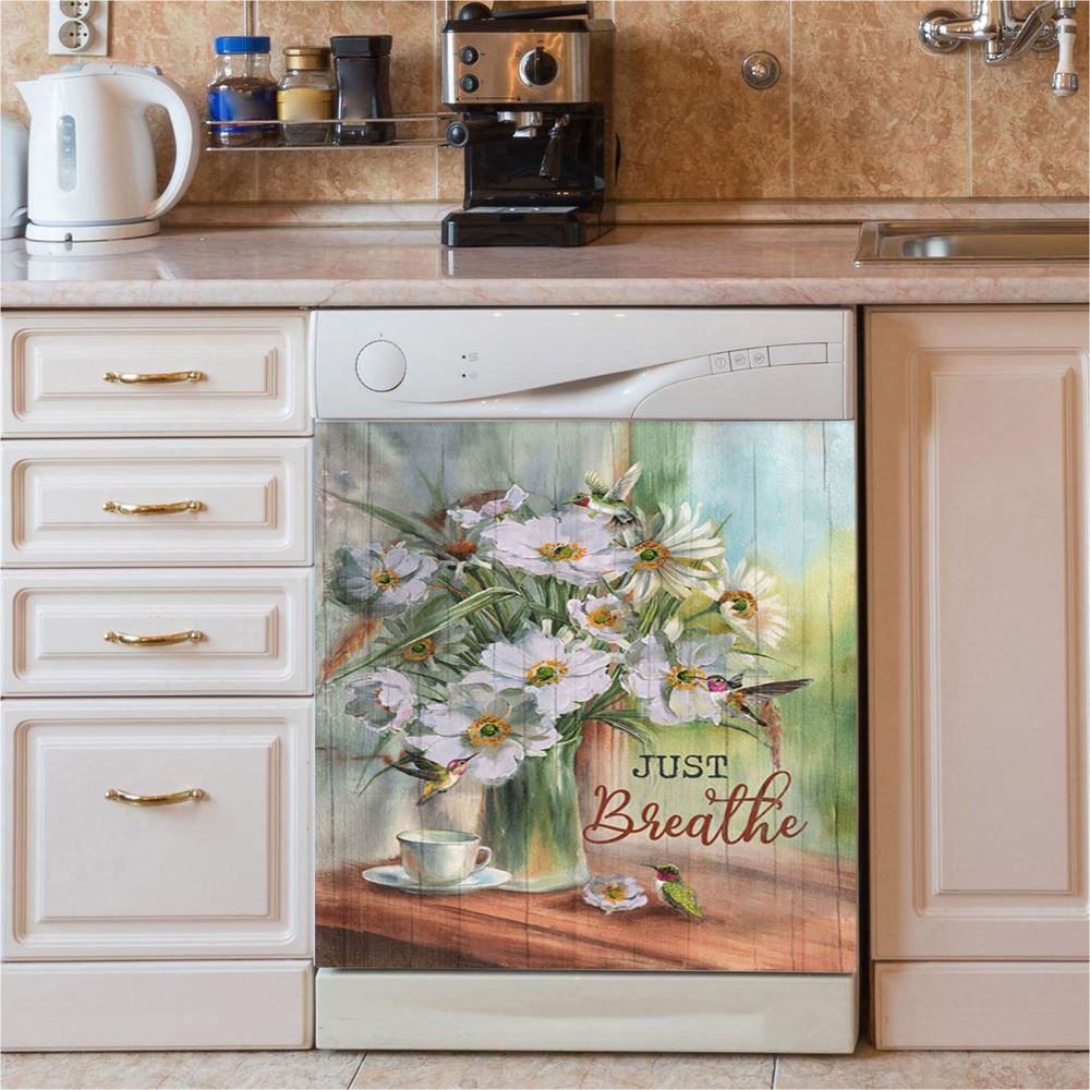 Just Breathe White Flower Hummingbird Dishwasher Cover, Bible Verse Dishwasher Wrap, Christian Kitchen Decoration