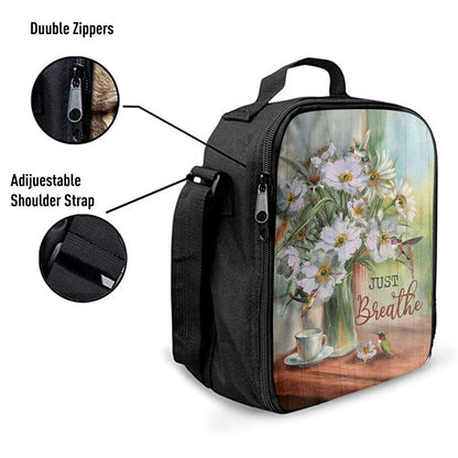 Just Breathe White Flower Hummingbird Lunch Bag, Christian Lunch Box For School, Picnic