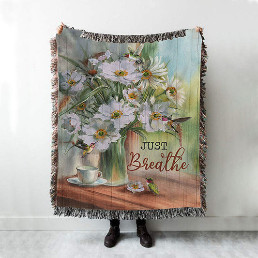 Just Breathe White Flower Hummingbird Throw Blanket Woven Blanket - Bible Verse Woven Blanket Art - Christian Throw Blanket Home Decor