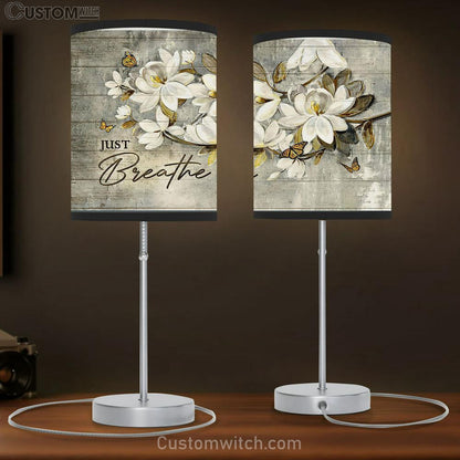 Just Breathe White Flower Monarch Butterfly Table Lamb Art - Bible Verse Lamb Gift - Christian Bedroom Decor