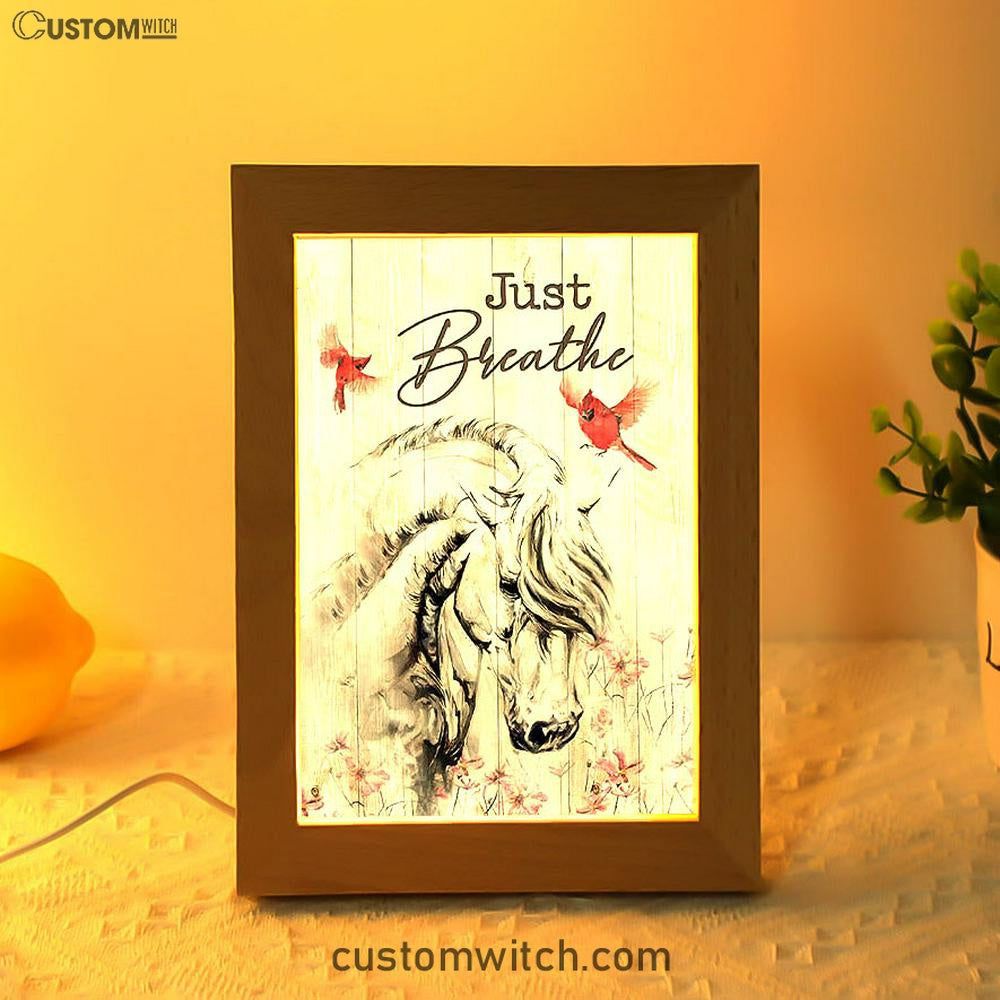 Just Breathe White Horse Red Cardinal Art Frame Lamp - Bible Verse Wooden Lamp - Christian Art Home Decor