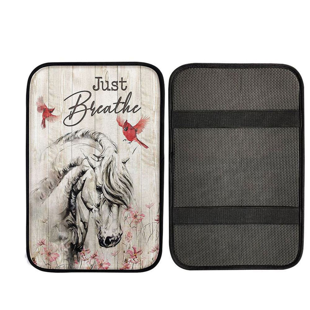 Just Breathe White Horse Red Cardinal Car Center Console Cover, Christian Car Armrest Accessories