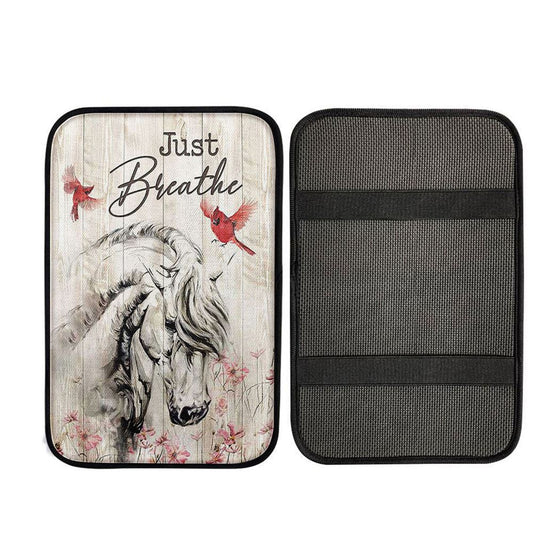 Just Breathe White Horse Red Cardinal Car Center Console Cover, Christian Car Armrest Accessories