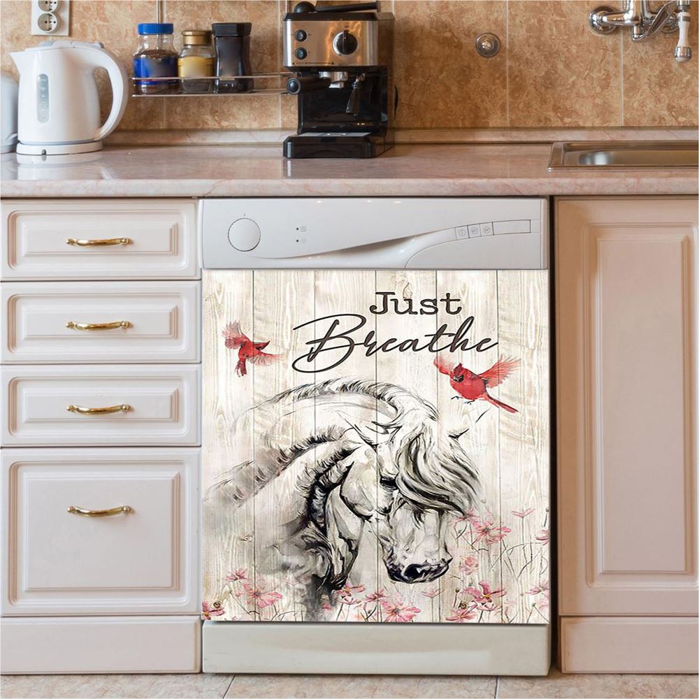 Just Breathe White Horse Red Cardinal Dishwasher Cover, Bible Verse Dishwasher Wrap, Christian Kitchen Decoration