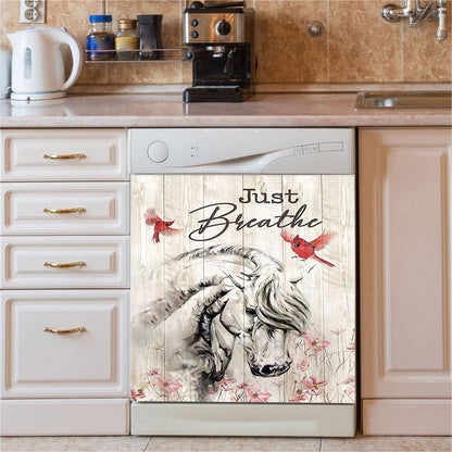 Just Breathe White Horse Red Cardinal Dishwasher Cover, Bible Verse Dishwasher Wrap, Christian Kitchen Decoration