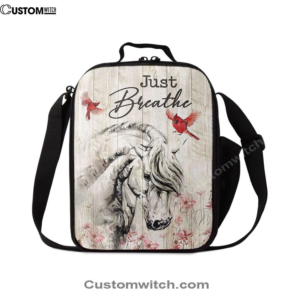 Just Breathe White Horse Red Cardinal Lunch Bag, Christian Lunch Box For School, Picnic