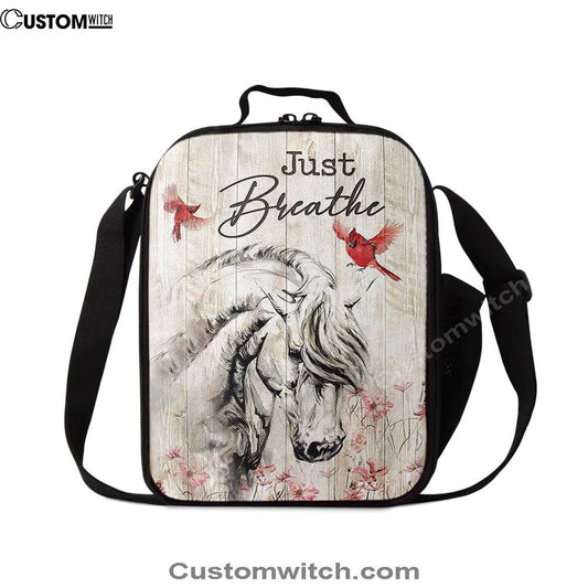 Just Breathe White Horse Red Cardinal Lunch Bag, Christian Lunch Box For School, Picnic