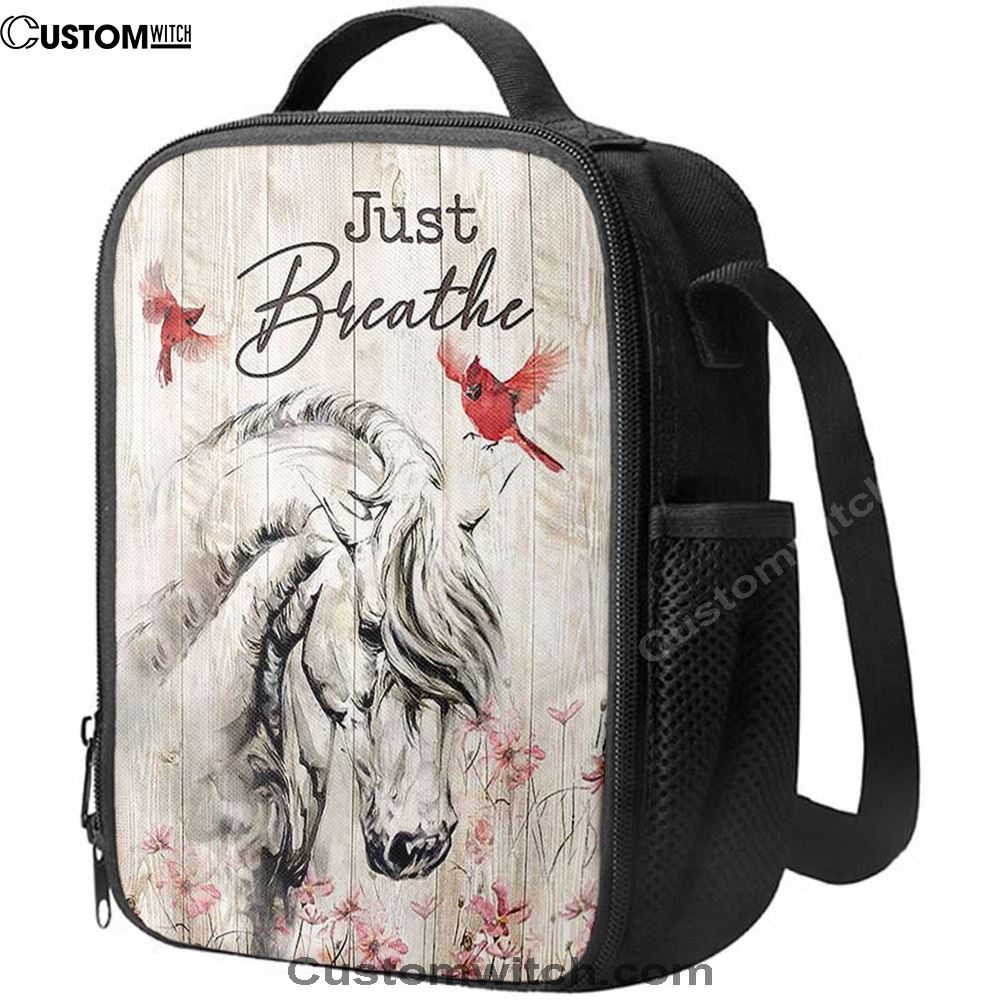 Just Breathe White Horse Red Cardinal Lunch Bag, Christian Lunch Box For School, Picnic