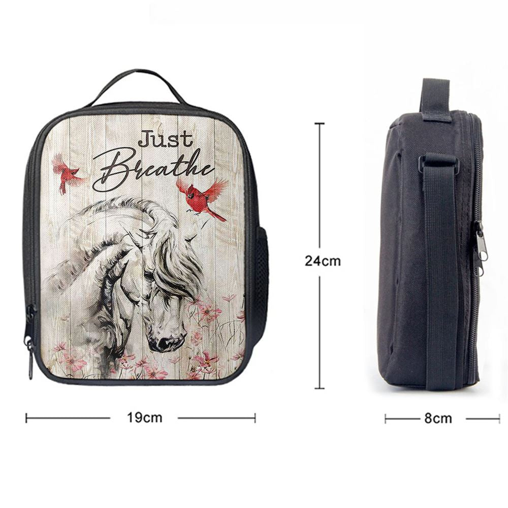 Just Breathe White Horse Red Cardinal Lunch Bag, Christian Lunch Box For School, Picnic