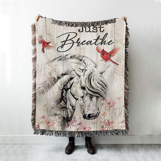Just Breathe White Horse Red Cardinal Throw Blanket Woven Blanket - Bible Verse Woven Blanket Art - Christian Throw Blanket Home Decor