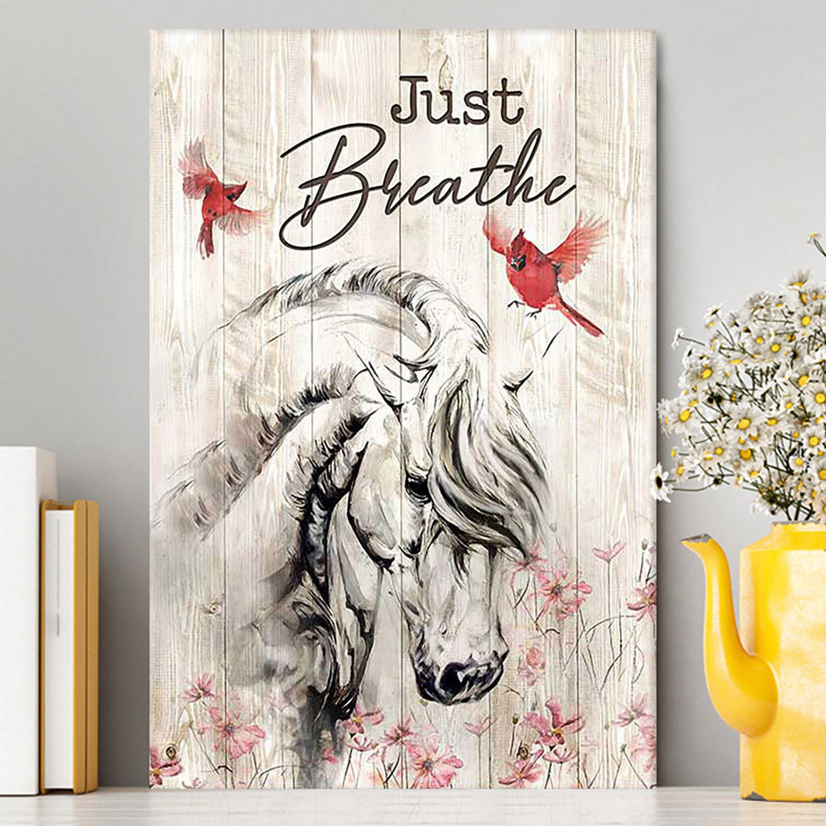 Just Breathe White Horse Red Cardinal Wall Art Canvas - Bible Verse Canvas Art - Christian Wall Art Home Decor