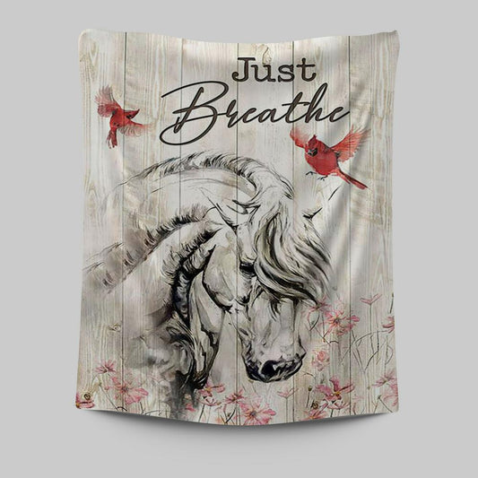 Just Breathe White Horse Red Cardinal Wall Art Tapestry - Bible Verse Tapestry Art - Christian Wall Art Home Decor