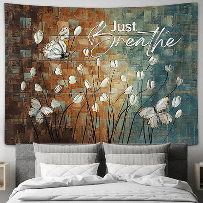 Just Breathe White Tulip White Butterfly Tapestry Wall Art - Bible Verse Tapestry - Religious Tapestry Wall Hanging