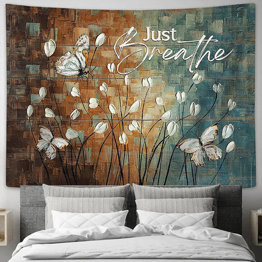Just Breathe White Tulip White Butterfly Tapestry Wall Art - Bible Verse Tapestry - Religious Tapestry Wall Hanging
