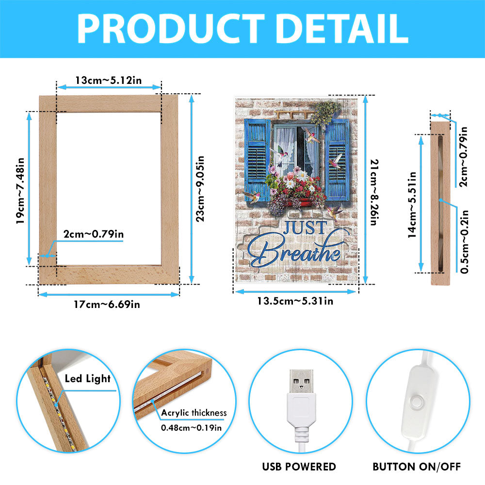 Just Breathe Window Flower Hummingbird Art Frame Lamp - Bible Verse Wooden Lamp - Christian Art Home Decor