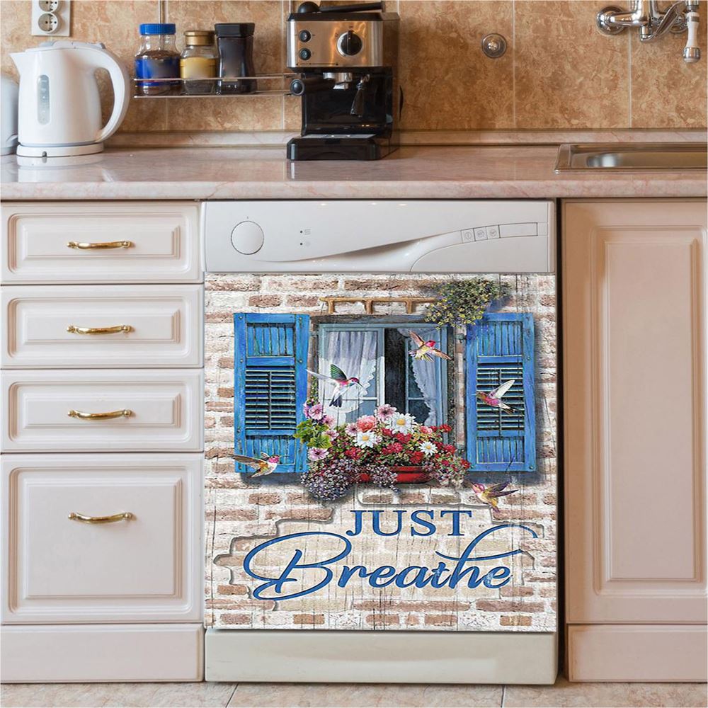 Just Breathe Window Flower Hummingbird Dishwasher Cover, Bible Verse Dishwasher Wrap, Christian Kitchen Decoration