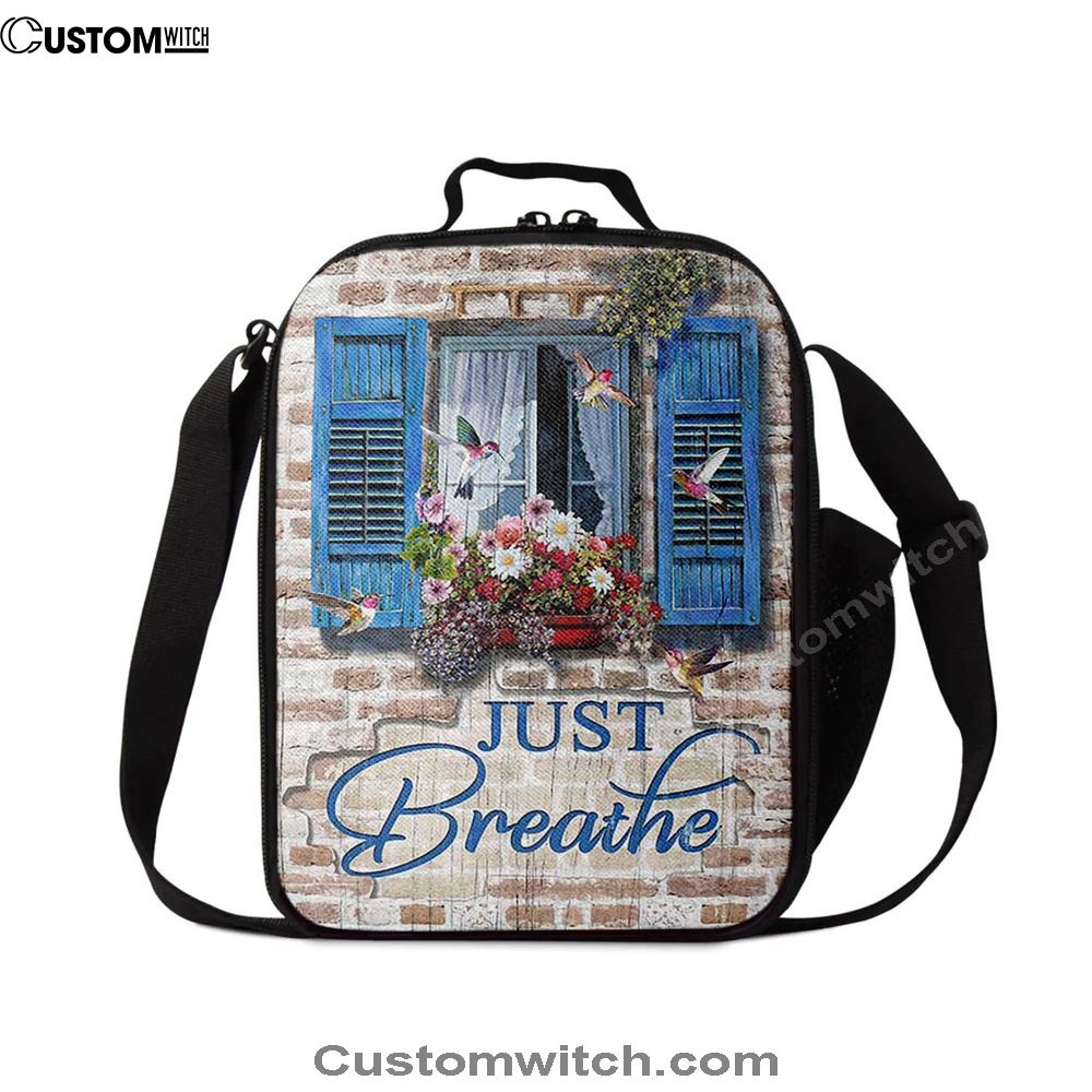 Just Breathe Window Flower Hummingbird Lunch Bag, Christian Lunch Box For School, Picnic