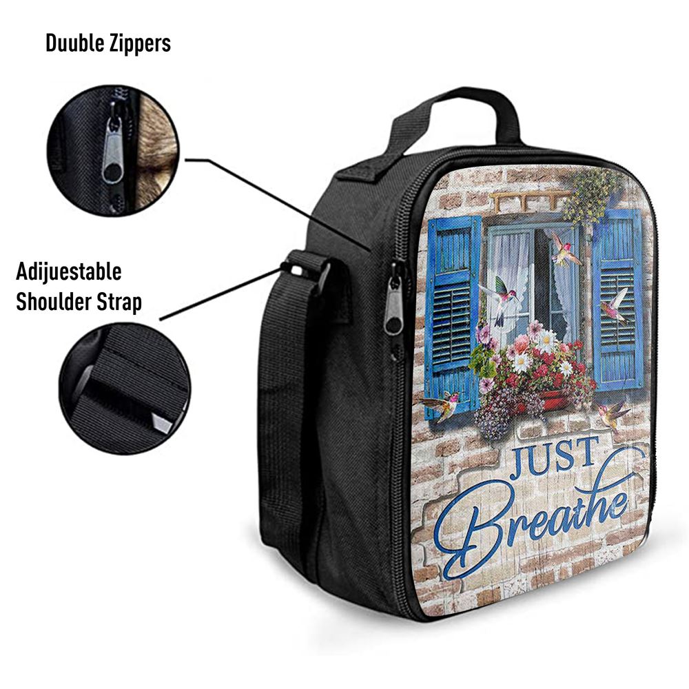 Just Breathe Window Flower Hummingbird Lunch Bag, Christian Lunch Box For School, Picnic