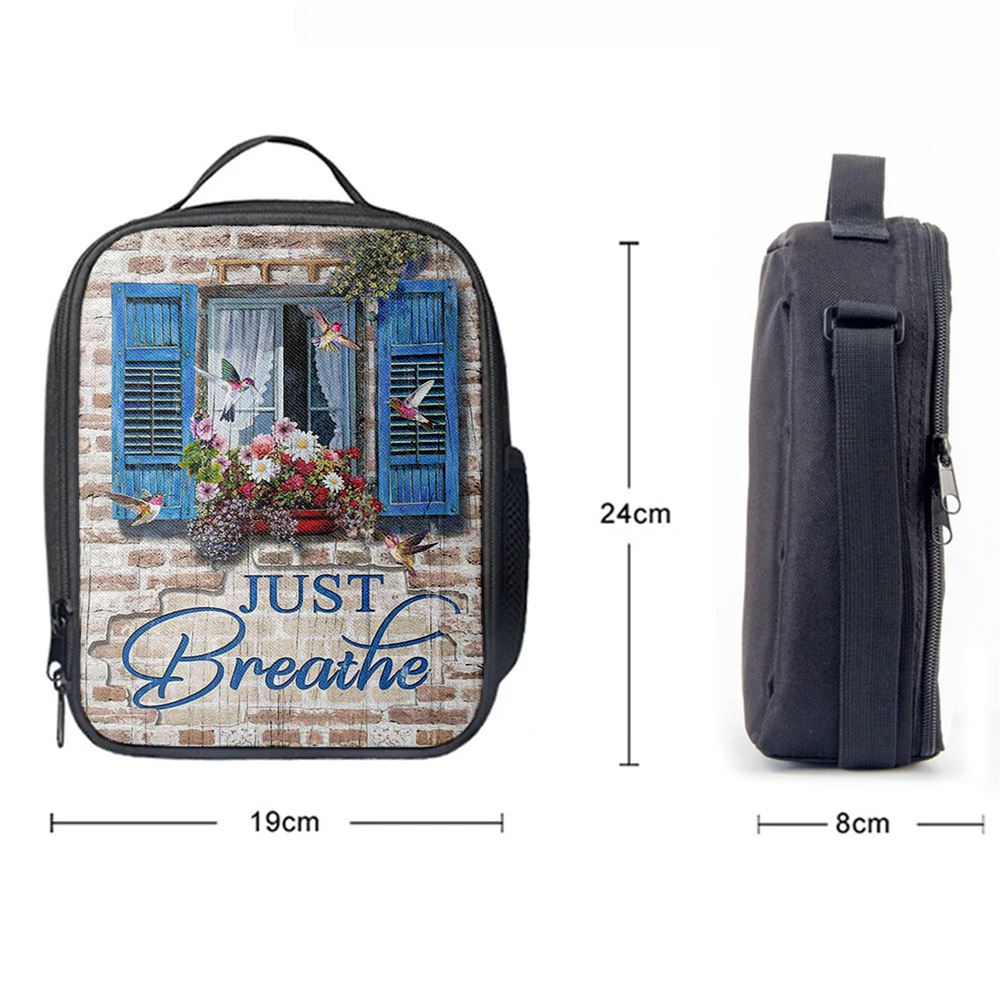 Just Breathe Window Flower Hummingbird Lunch Bag, Christian Lunch Box For School, Picnic
