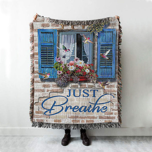 Just Breathe Window Flower Hummingbird Throw Blanket Woven Blanket - Bible Verse Woven Blanket Art - Christian Throw Blanket Home Decor
