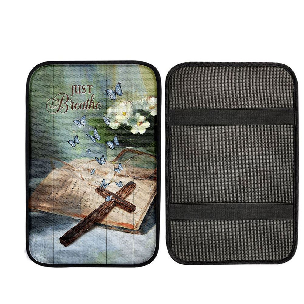 Just Breathe Wooden Cross Bible Car Armrest Pad, Christian Car Armrest Accessories