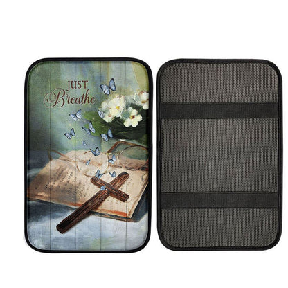 Just Breathe Wooden Cross Bible Car Armrest Pad, Christian Car Armrest Accessories