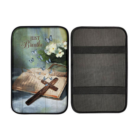 Just Breathe Wooden Cross Bible Car Armrest Pad, Christian Car Armrest Accessories