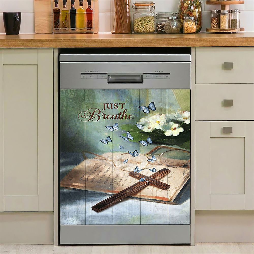 Just Breathe Wooden Cross Bible Dishwasher Cover, Christian Dishwasher Wrap, Religious Kitchen Decoration