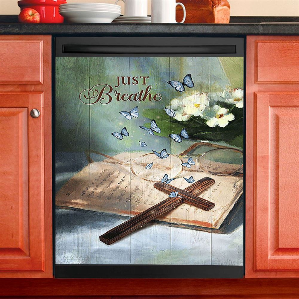 Just Breathe Wooden Cross Bible Dishwasher Cover, Christian Dishwasher Wrap, Religious Kitchen Decoration