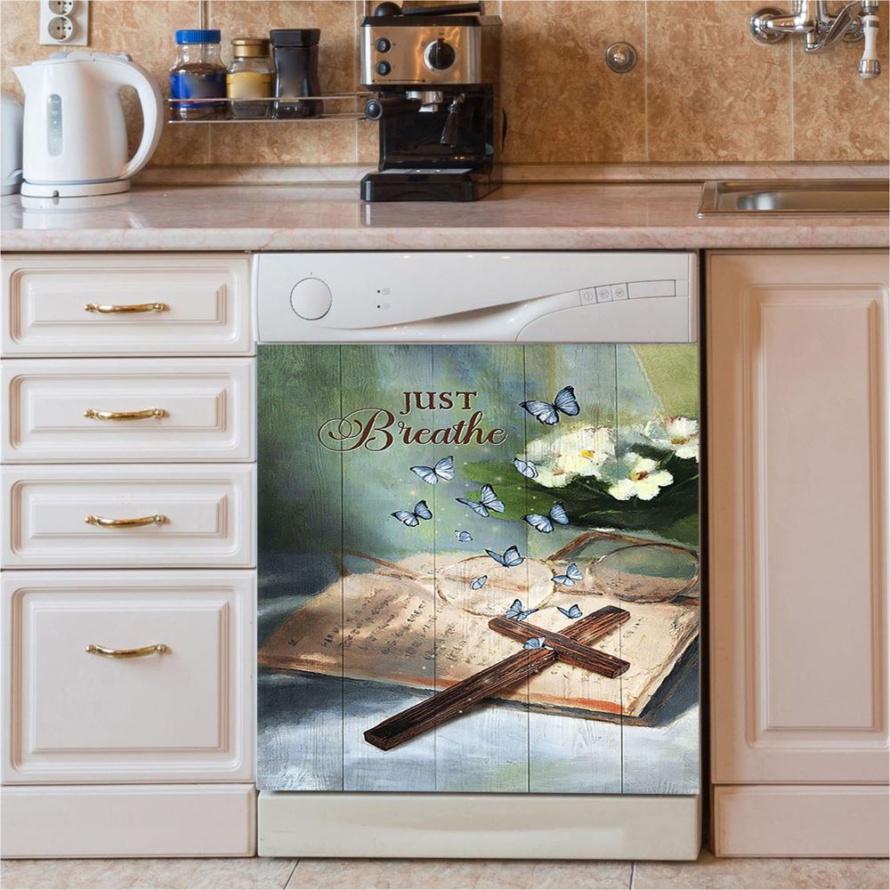 Just Breathe Wooden Cross Bible Dishwasher Cover, Christian Dishwasher Wrap, Religious Kitchen Decoration