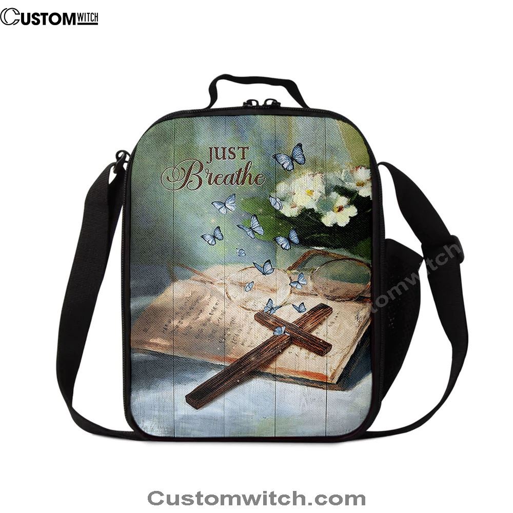Just Breathe Wooden Cross Bible Lunch Bag, Christian Lunch Box For School, Picnic
