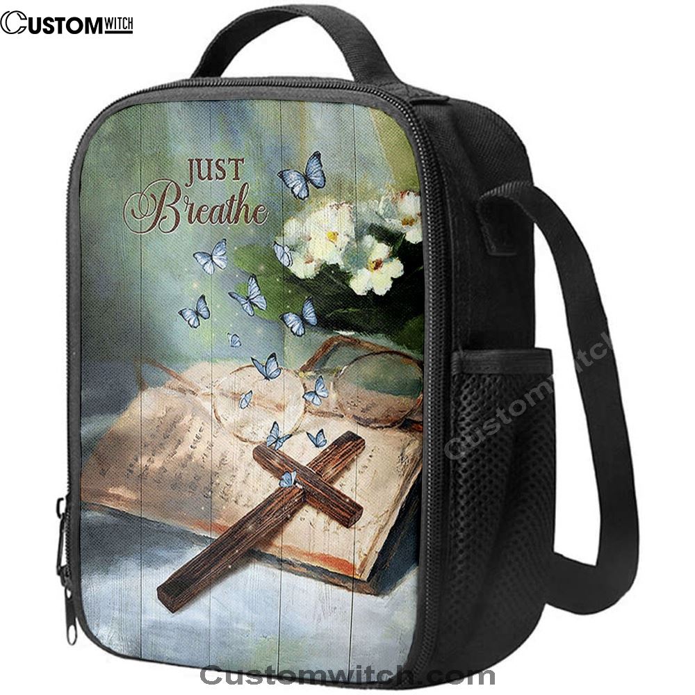 Just Breathe Wooden Cross Bible Lunch Bag, Christian Lunch Box For School, Picnic