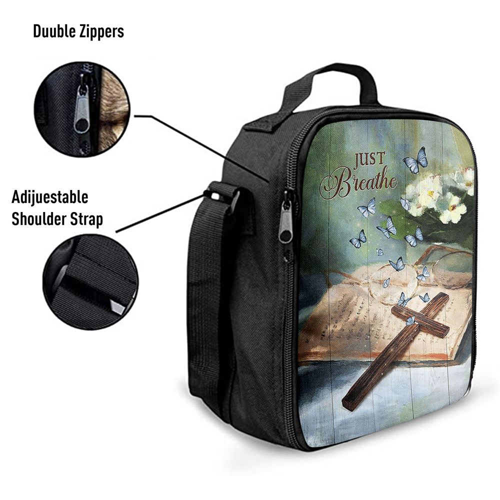 Just Breathe Wooden Cross Bible Lunch Bag, Christian Lunch Box For School, Picnic