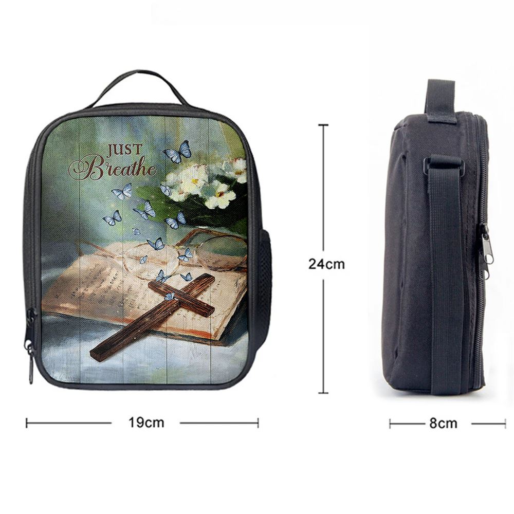 Just Breathe Wooden Cross Bible Lunch Bag, Christian Lunch Box For School, Picnic
