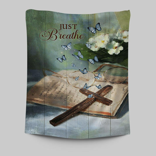 Just Breathe Wooden Cross Bible Tapestry - Christian Wall Art - Religious Home Decor