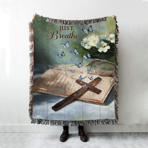 Just Breathe Wooden Cross Bible Woven Blanket - Christian Throw Blanket - Religious Home Decor