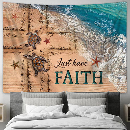 Just Have Faith Beach Couple Sea Turtle Cross Tapestry Wall Art - Bible Verse Tapestry - Religious Tapestry Wall Hanging
