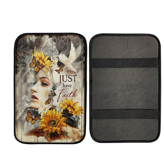 Just Have Faith Beautiful Girl Sunflower Car Center Console Cover, Christian Car Armrest Accessories