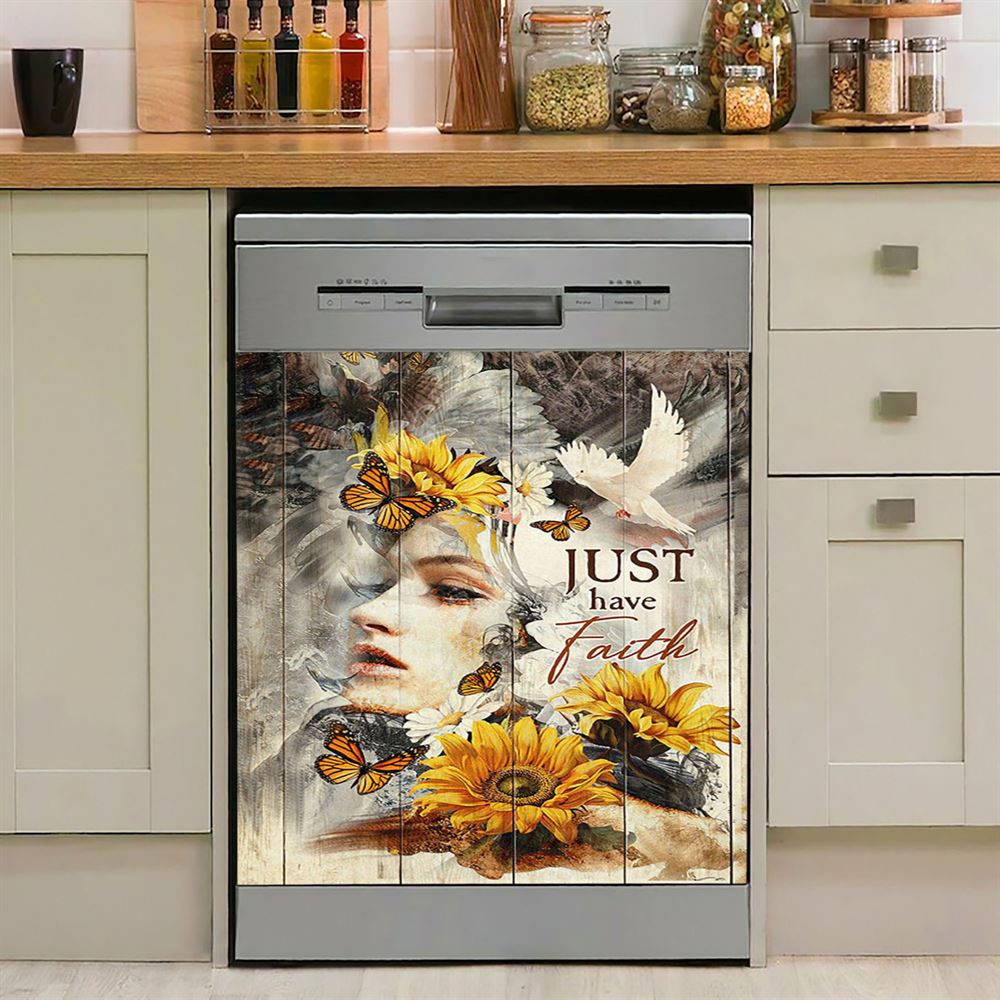 Just Have Faith Beautiful Girl Sunflower Dishwasher Cover, Christian Dishwasher Wrap, Bible Verse Kitchen Decoration