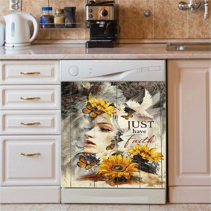 Just Have Faith Beautiful Girl Sunflower Dishwasher Cover, Christian Dishwasher Wrap, Bible Verse Kitchen Decoration
