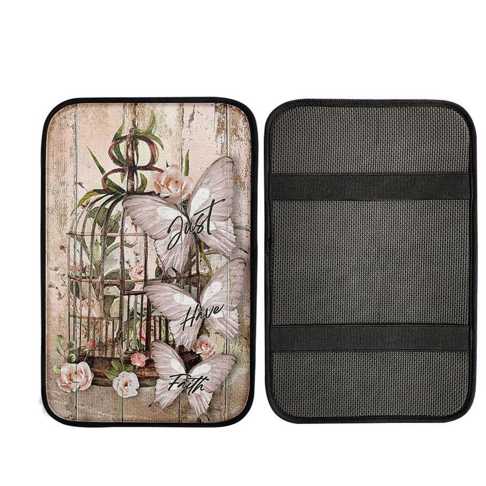 Just Have Faith Bird Cage White Butterfly Car Center Console Cover, Christian Car Armrest Accessories