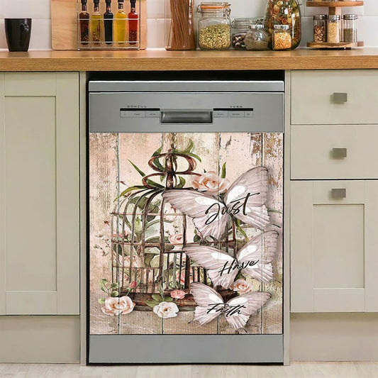 Just Have Faith Bird Cage White Butterfly Dishwasher Cover, Bible Verse Dishwasher Wrap, Inspirational Kitchen Decoration