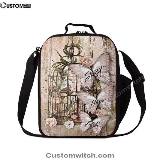 Just Have Faith Bird Cage White Butterfly Lunch Bag, Christian Lunch Box For School, Picnic