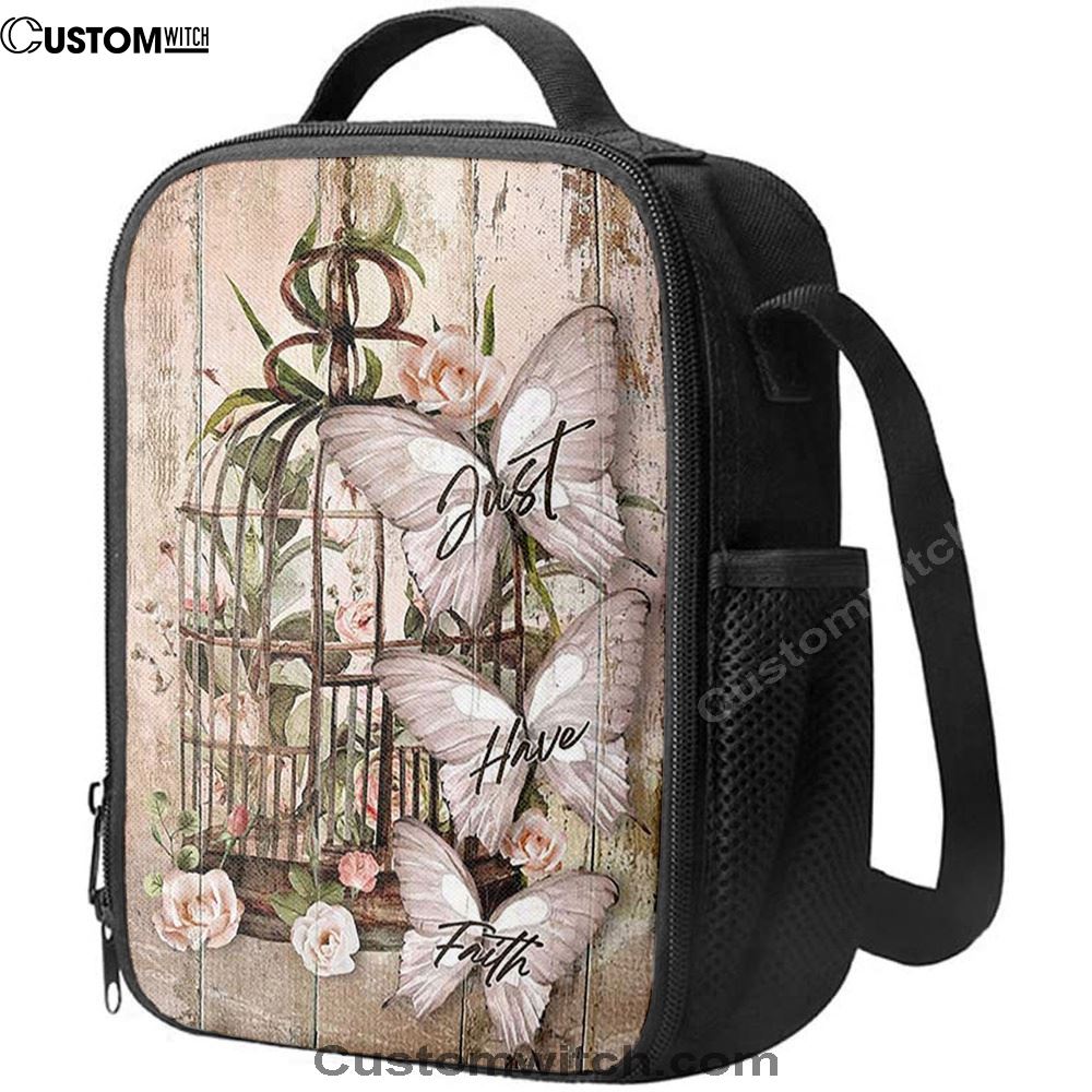 Just Have Faith Bird Cage White Butterfly Lunch Bag, Christian Lunch Box For School, Picnic