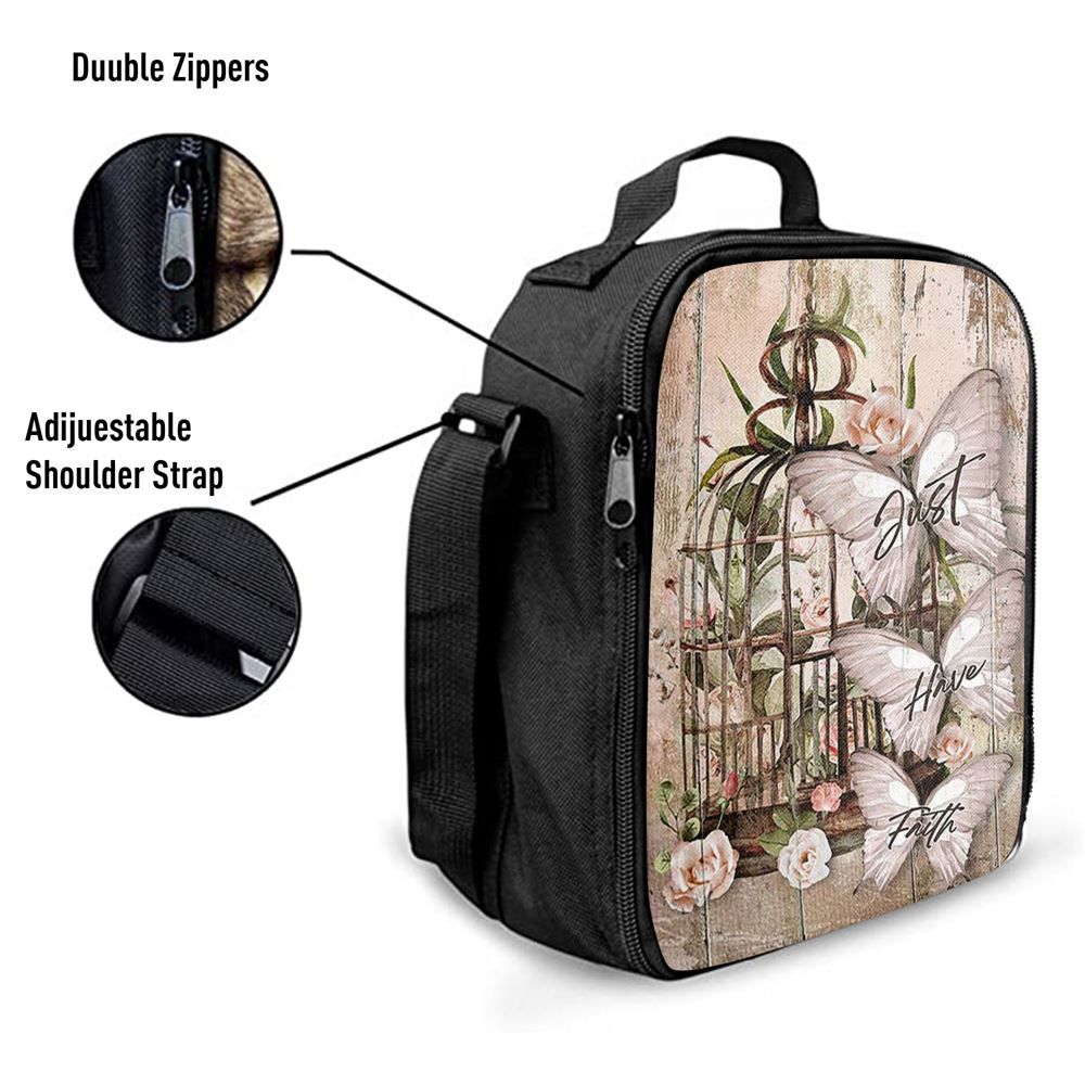 Just Have Faith Bird Cage White Butterfly Lunch Bag, Christian Lunch Box For School, Picnic