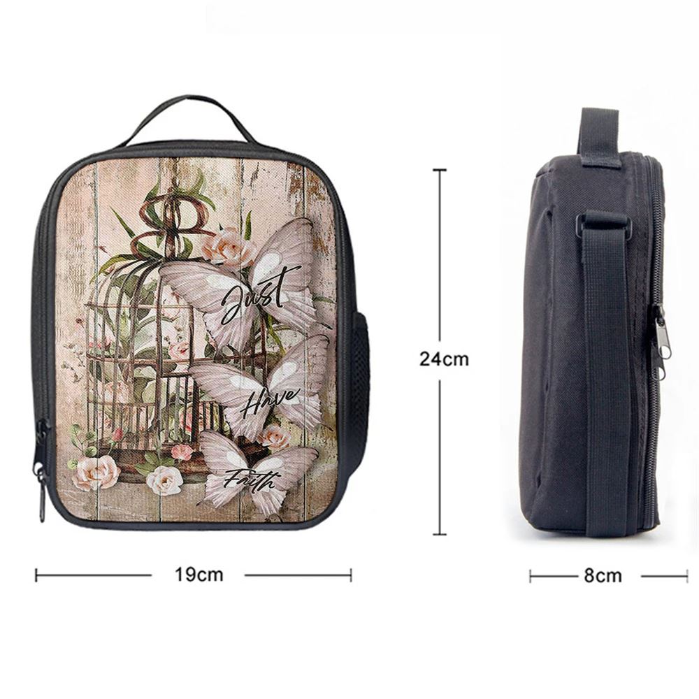 Just Have Faith Bird Cage White Butterfly Lunch Bag, Christian Lunch Box For School, Picnic