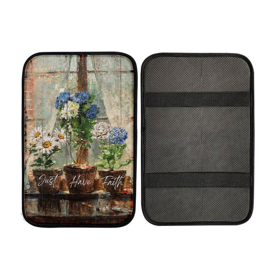 Just Have Faith Blue Hydrangea White Daisy Car Center Console Cover, God Car Armrest Accessories